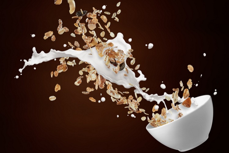 Pouring milk into the cereal bowl. Bowl of chocolate cereals and